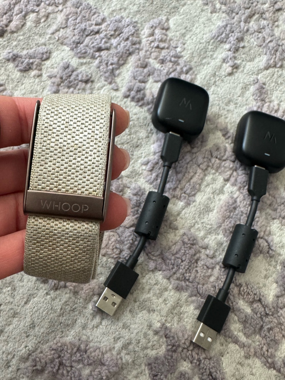 WHOOP 4.0 Fitness Tracker, SuperKnit Accessory Band in Dune, and 2 chargers